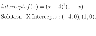 The intercepts of f(x)=(x+4)^2(1-x) is X Intercepts: (-4,0),(1,0),Y Intercepts: (0,16)